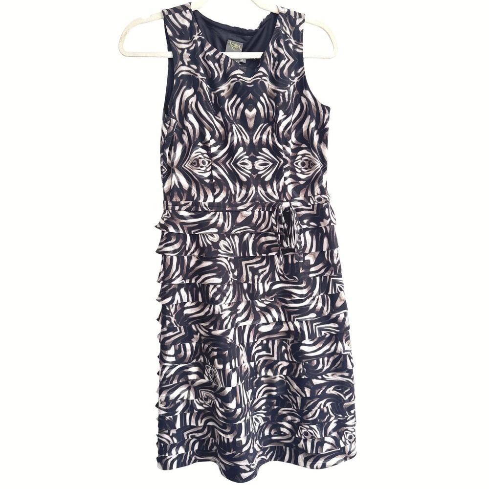 Taylor Ruffle Corporate Chic Tiered Size 2 Abstract Zebra Print Sleeveless Dress